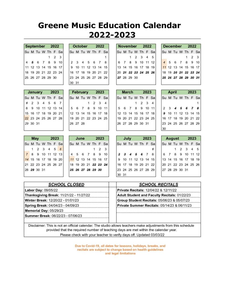 Calendar Greene Music Education Center